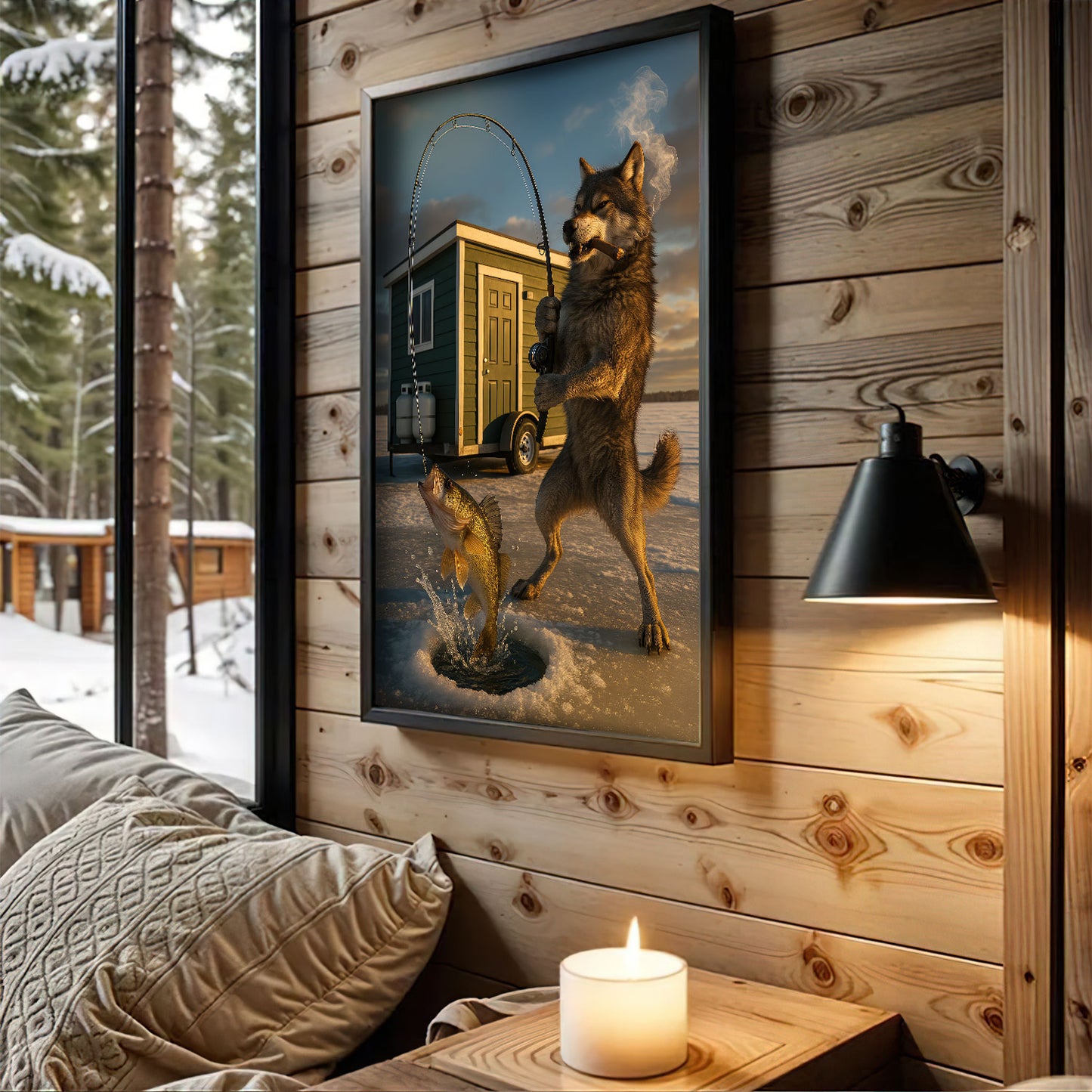 Smoking Wolf Rustic Pub Print, Northern Cabin Decor For Man Cave Walls, Minnesota Wolf Ice Fishing Canvas Wall Art