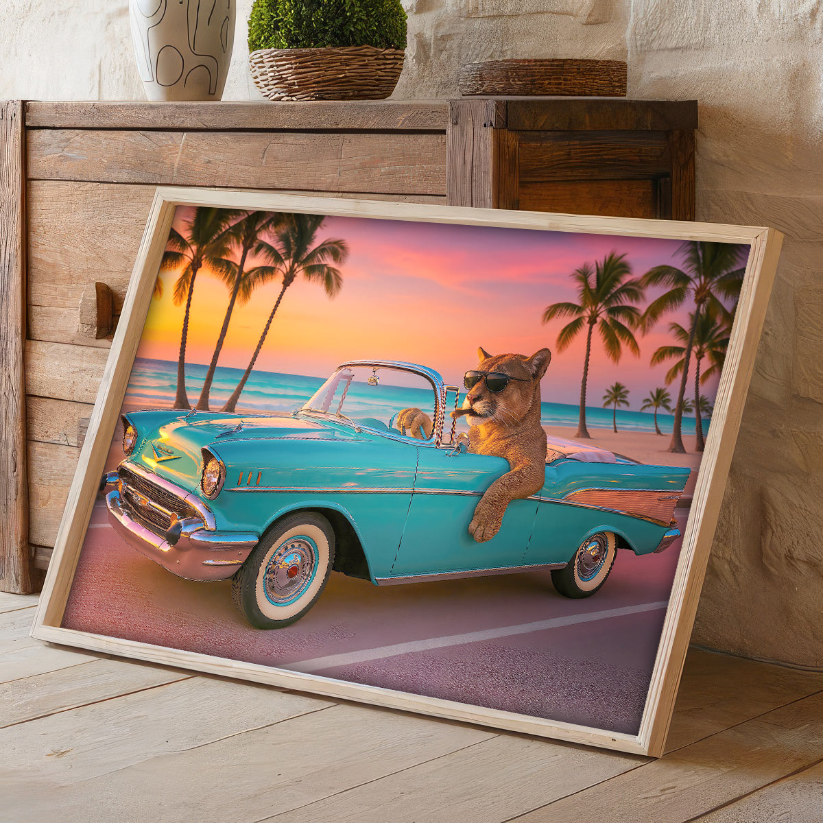Florida Canvas Man Cave Wall Art, Cool Cougar Classic Car Print, Southern Hunt Beach Sunset For Home Decor