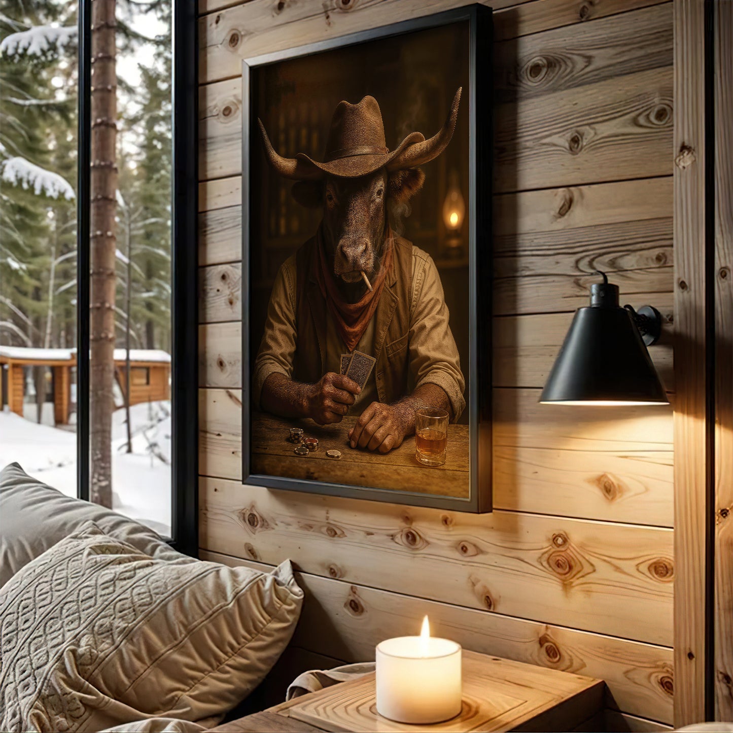 Cowboy Bull Poker Canvas Wall Art, Rustic Western Longhorn Playing Texas Hold’em Canvas, Country Bar Decor For Man Cave Lovers