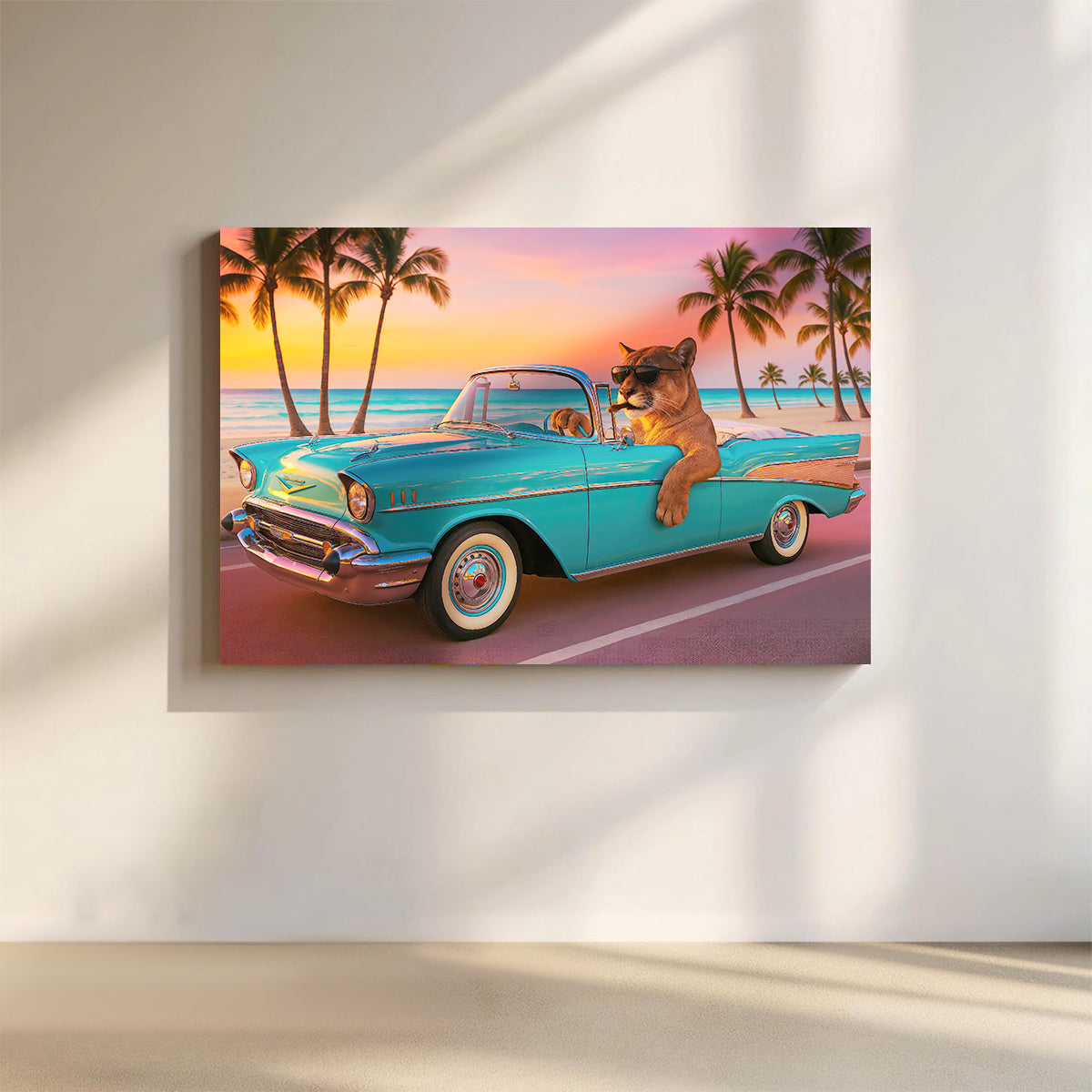 Florida Canvas Man Cave Wall Art, Cool Cougar Classic Car Print, Southern Hunt Beach Sunset For Home Decor