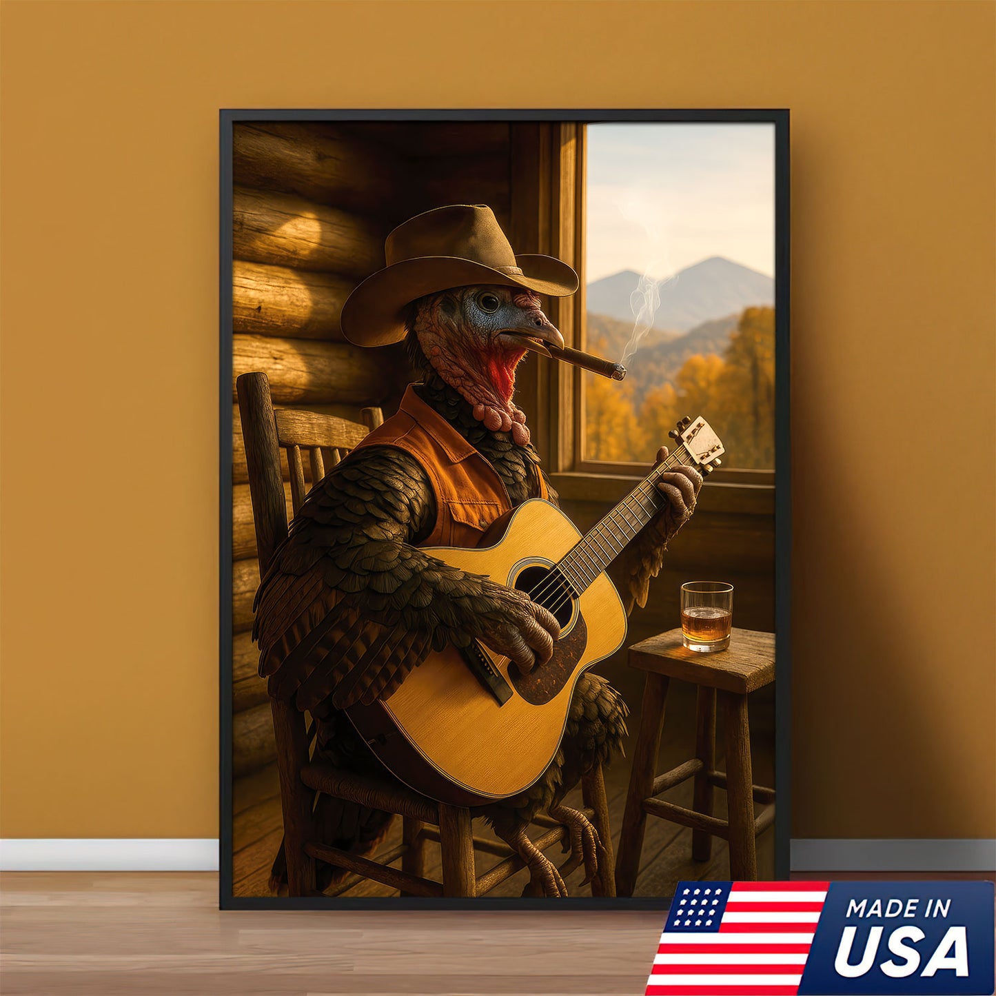 Turkey Cowboy Canvas Wall Art, Rustic Country Bird Playing Guitar With Whiskey Canvas, Western Cabin Decor For Man Cave