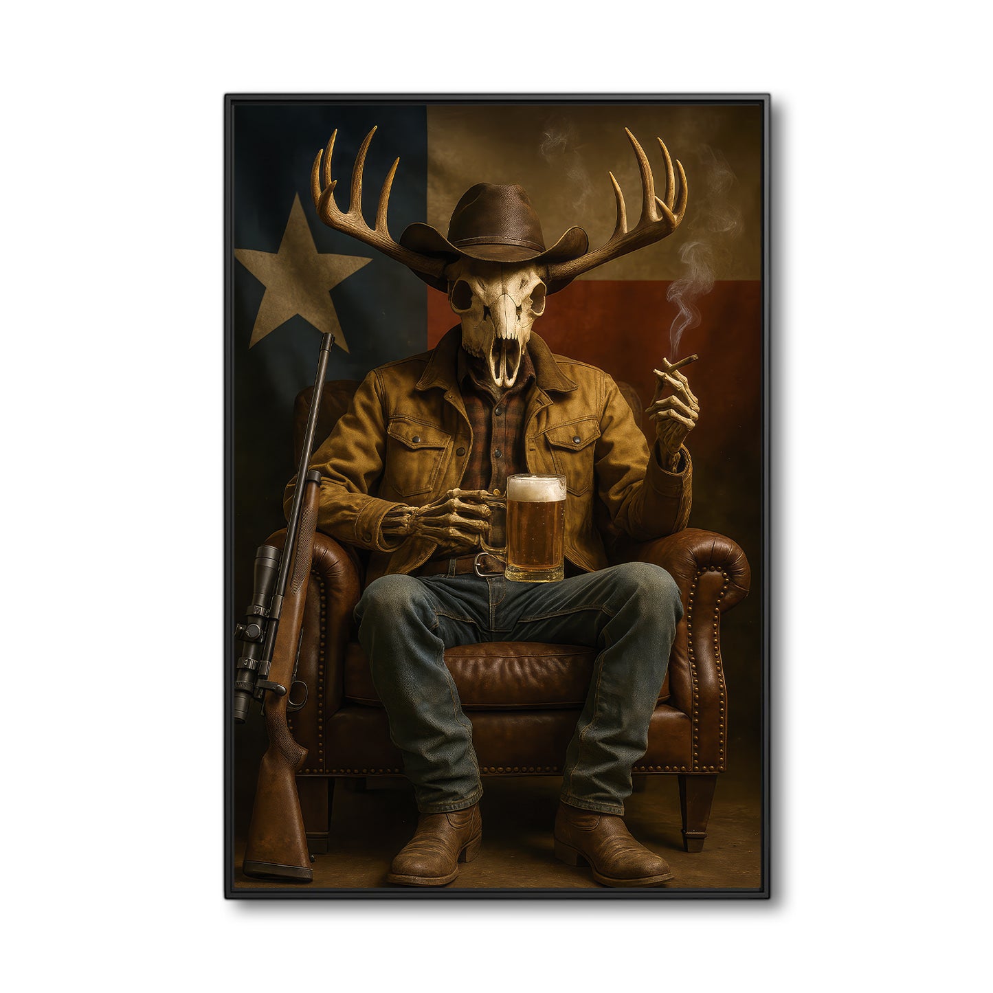 Western Texas Cowboy And Beer Canvas For Home Decor, Deer Skull Hunter Canvas, Rustic Country Wall Art For Man Cave Lovers