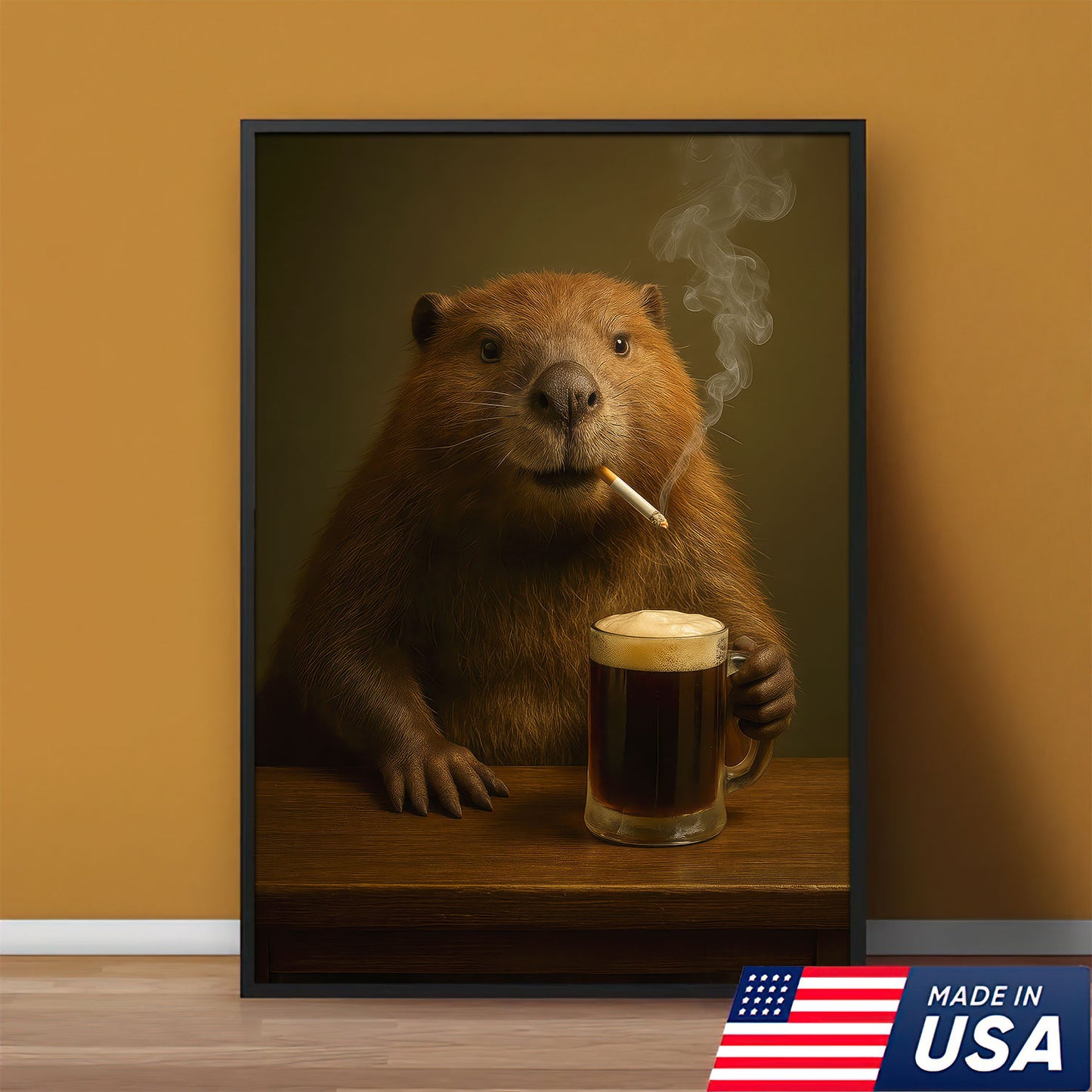 Minnesota Canvas Wall Art, Smoking Beaver Rustic Pub Print, Northern Cabin Decor For Lodge And Man Cave Walls