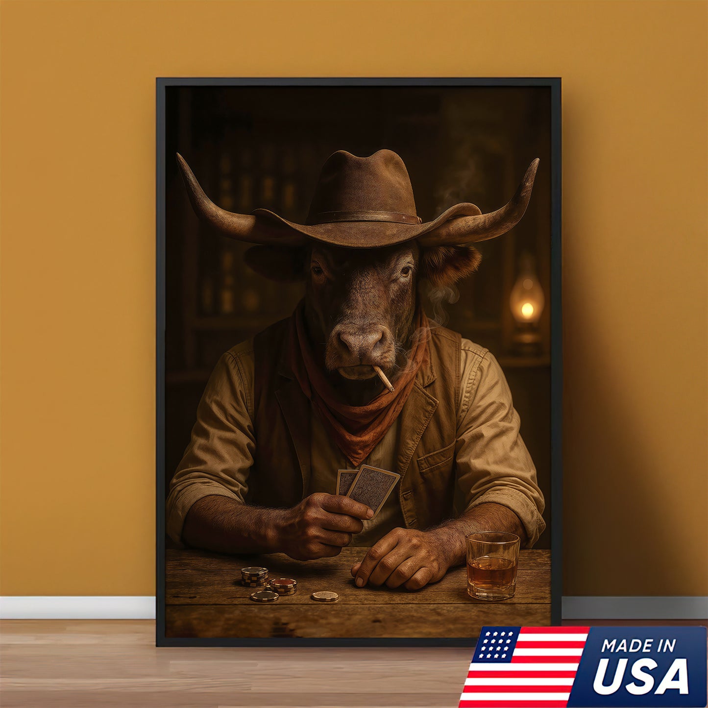 Cowboy Bull Poker Canvas Wall Art, Rustic Western Longhorn Playing Texas Hold’em Canvas, Country Bar Decor For Man Cave Lovers