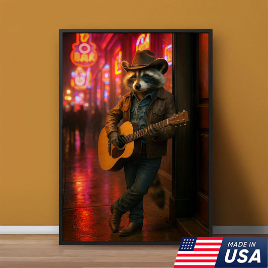 Broadway Street Raccoon Canvas Wall Art, Country Music Guitarist In Cowboy Hat, Home Decor For Man Cave Lovers