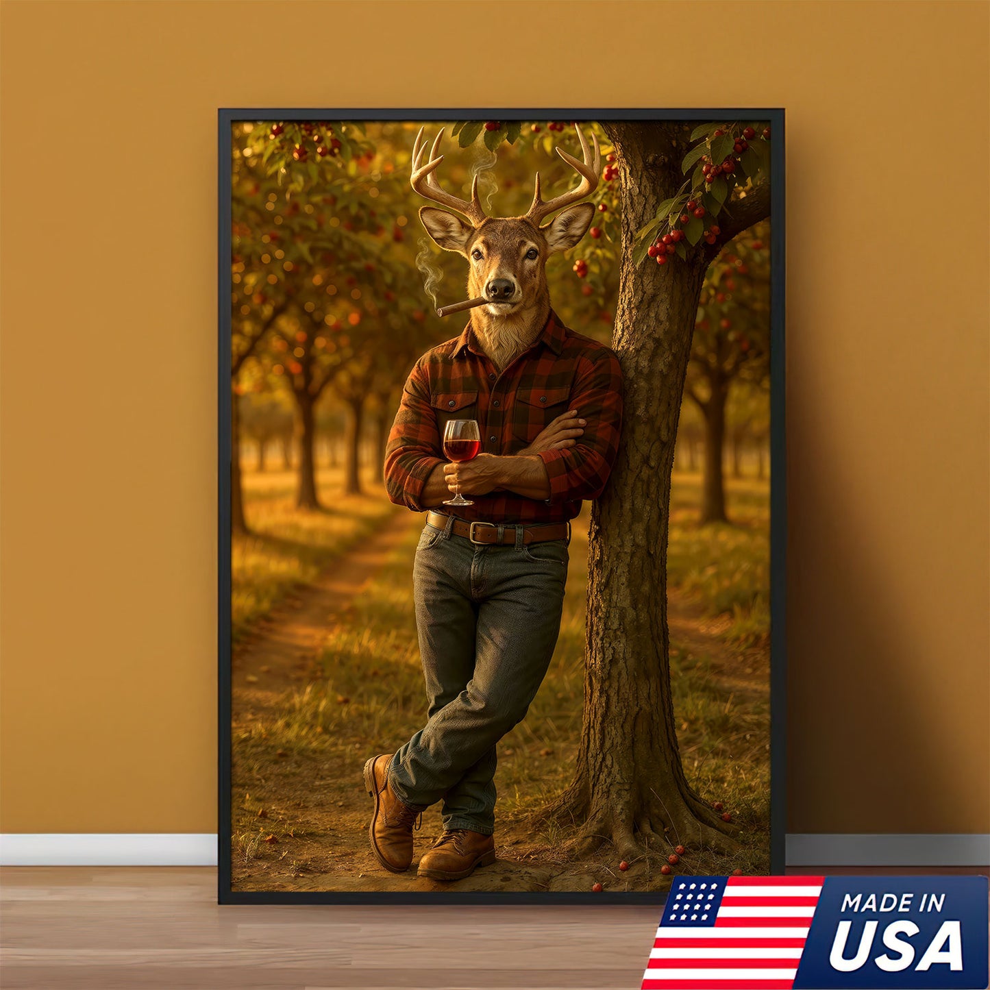 Michigan Deer Canvas Wall Art, Smoking Buck Rustic Pub Print, Northern Cabin Decor Man Cave Walls