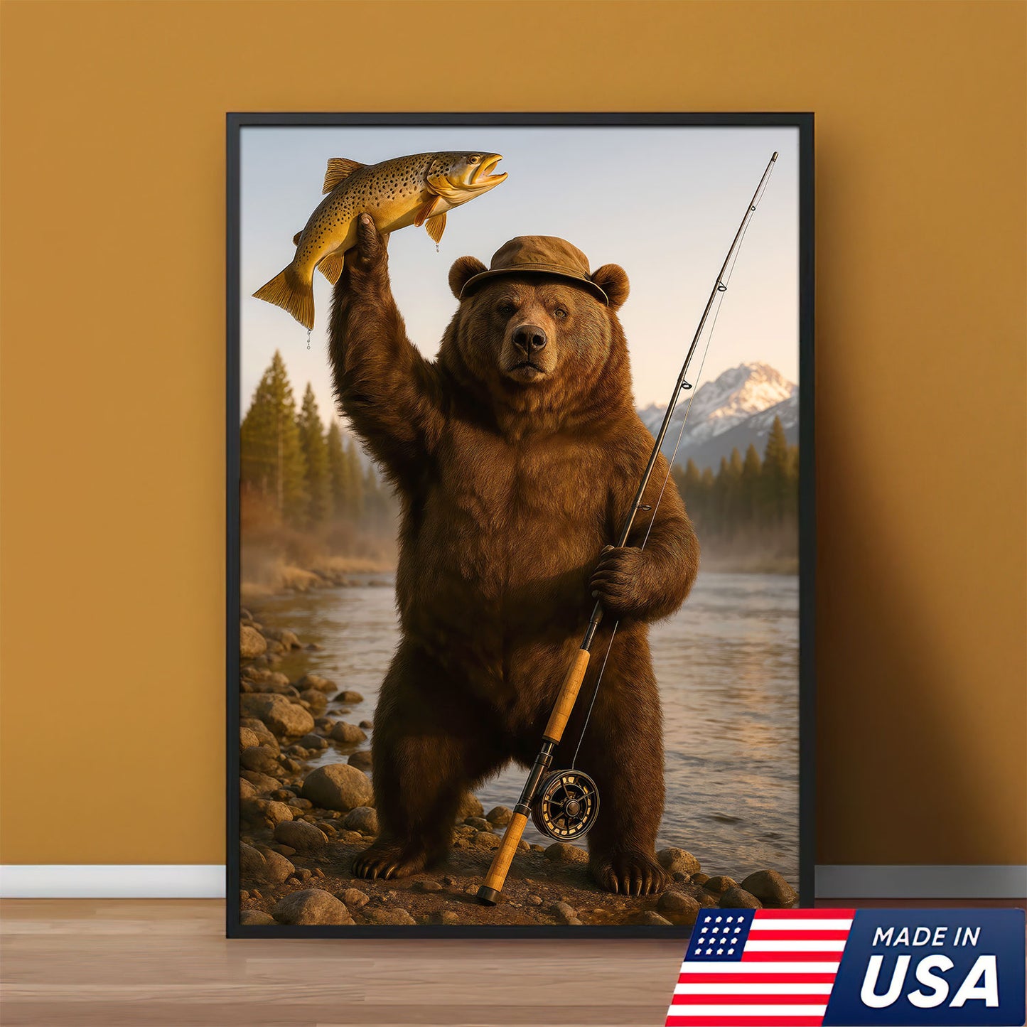 Montana Canvas Wall Art, Grizzly Trout Fisherman Print, Rustic Mountain West Wilderness Decor For Man Cave Walls