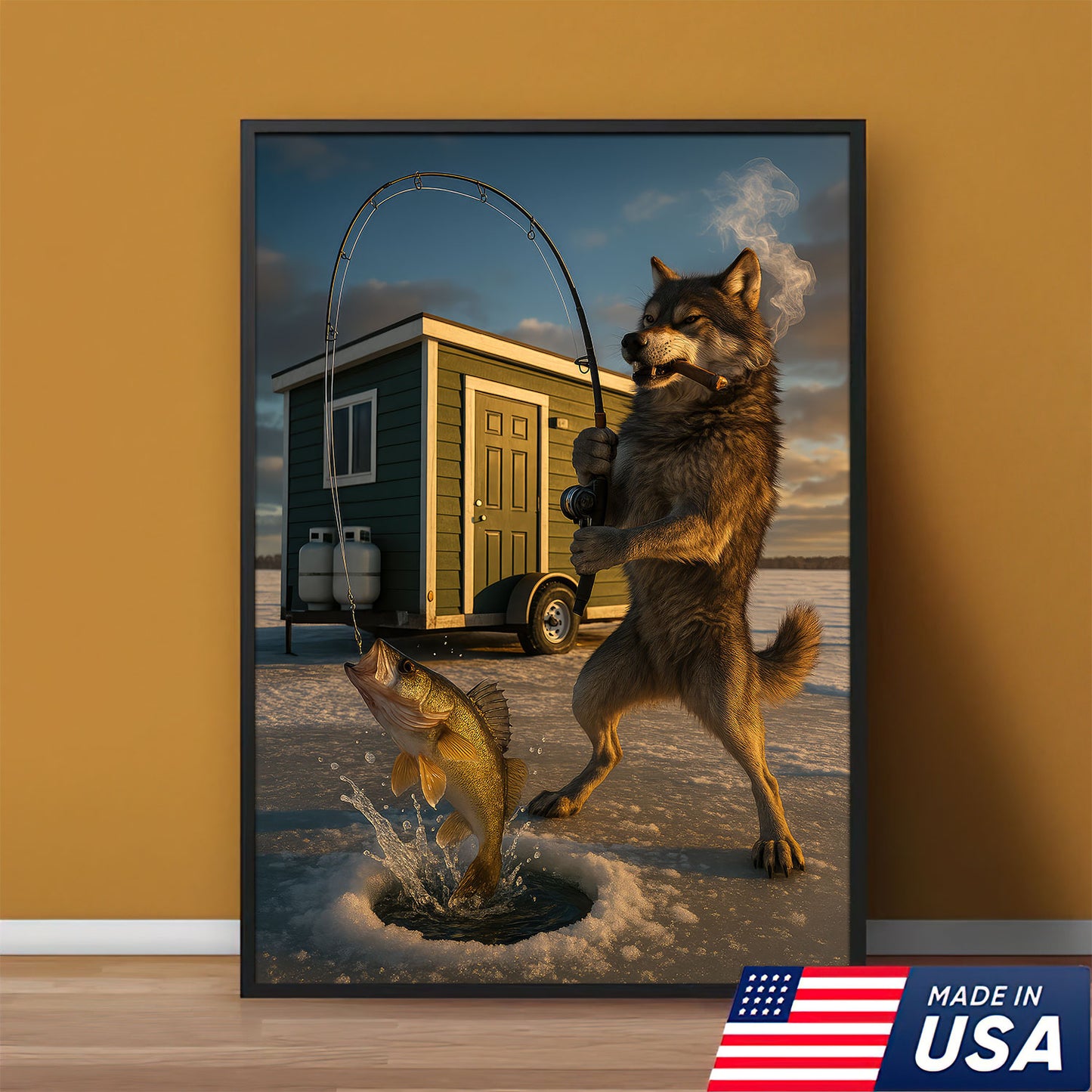 Smoking Wolf Rustic Pub Print, Northern Cabin Decor For Man Cave Walls, Minnesota Wolf Ice Fishing Canvas Wall Art