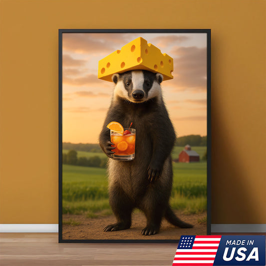 Badger With Cheese Canvas Wall Art, Wisconsin Rustic Print, Northern Cabin Decor For Man Cave Walls
