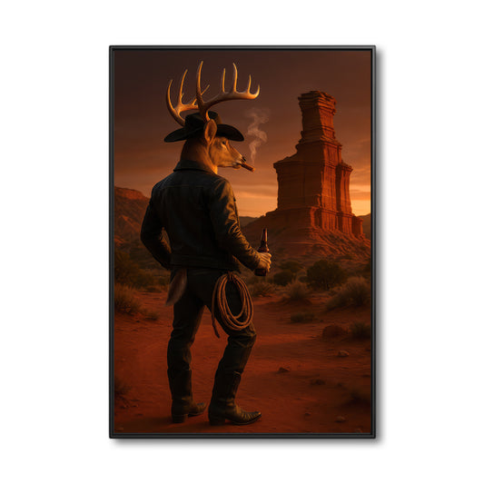 Deer Cowboy With Texas Sunset Canvas, Lighthouse Rock  Canvas Of Northern Desert Wall Art For Home Decor