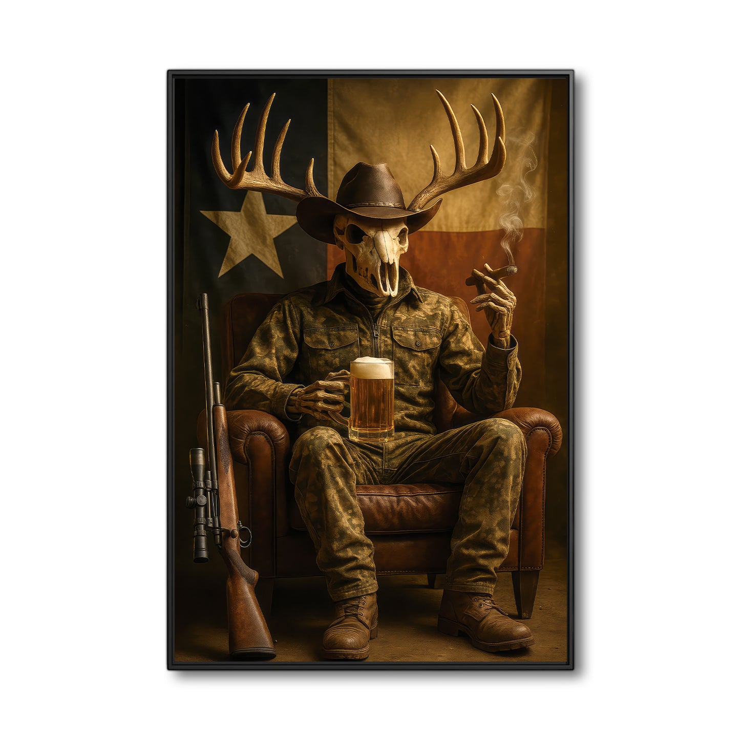 Camo Western Hunter Canvas With Beer, Texas Deer Skull Cowboy Canvas, Rustic Wall Art For Man Cave