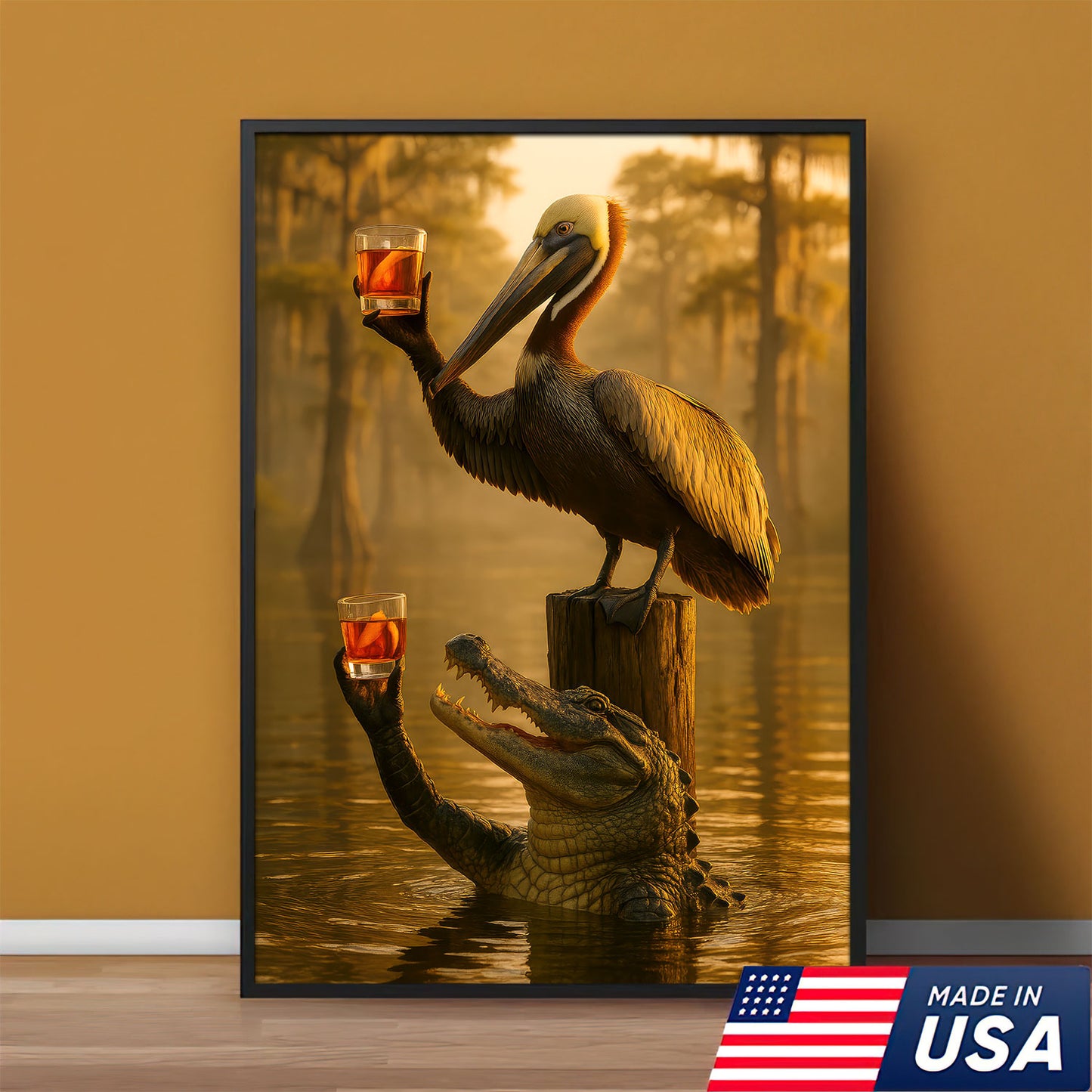Alligator With Pelican Whiskey Pub Print, Southern Hunt Cabin Decor For Man Cave Walls, Louisiana Canvas Wall Art