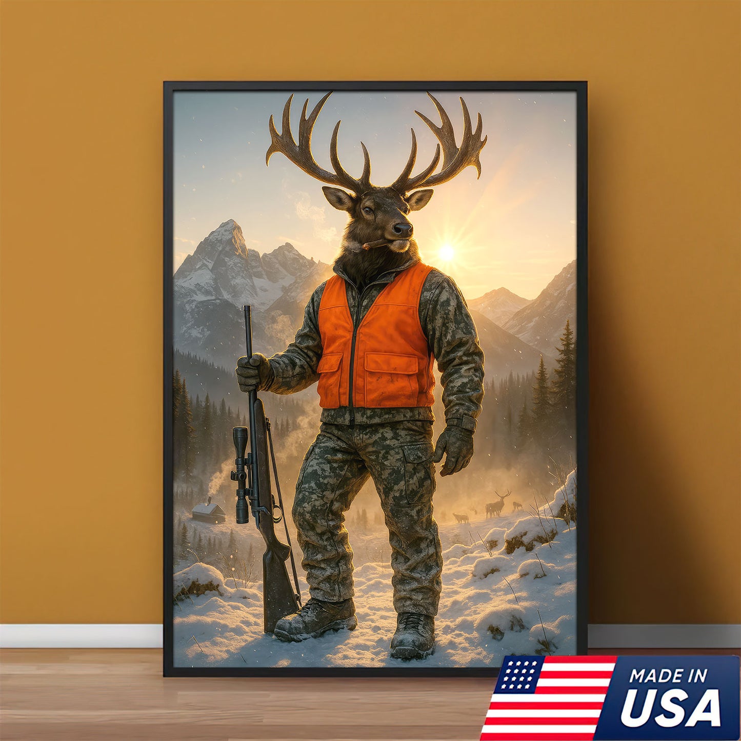 Camo Deer Hunter Canvas Wall Art, Western Mountain Elk Poster, Hunting Decor For Cabin Or Man Cave