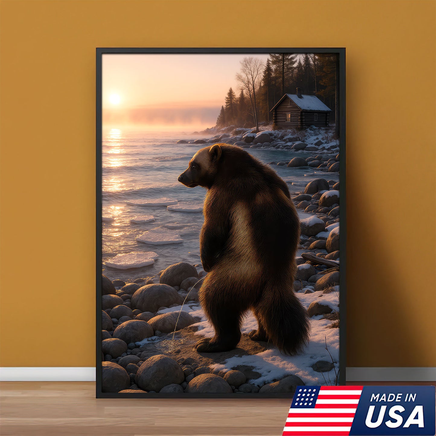 Michigan Wolverine Canvas Wall Art, Winter Lake Rustic Print, Northern Cabin Decor For Home Bar And Man Cave Walls