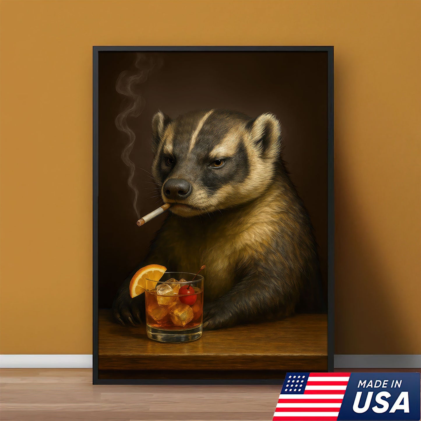 Wisconsin Canvas Wall Art, Smoking Badger Old Fashioned Print, Rustic Bar Gift For Man Cave Decor