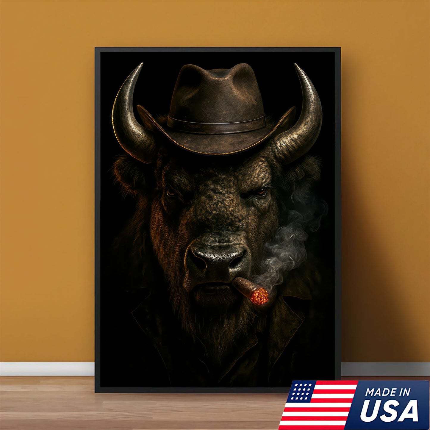 Wyoming Bison Canvas Wall Art, Smoking Buffalo Rustic Pub Print, Mountain West Wilderness Decor For Man Cave Walls
